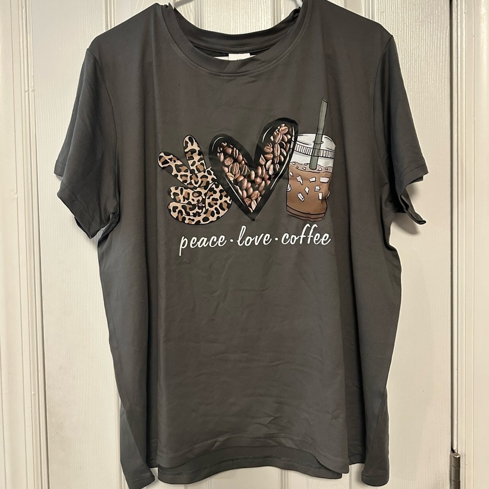 Dark‎ Gray Graphic Tee with Peace Love Coffee Design 1X NWOT